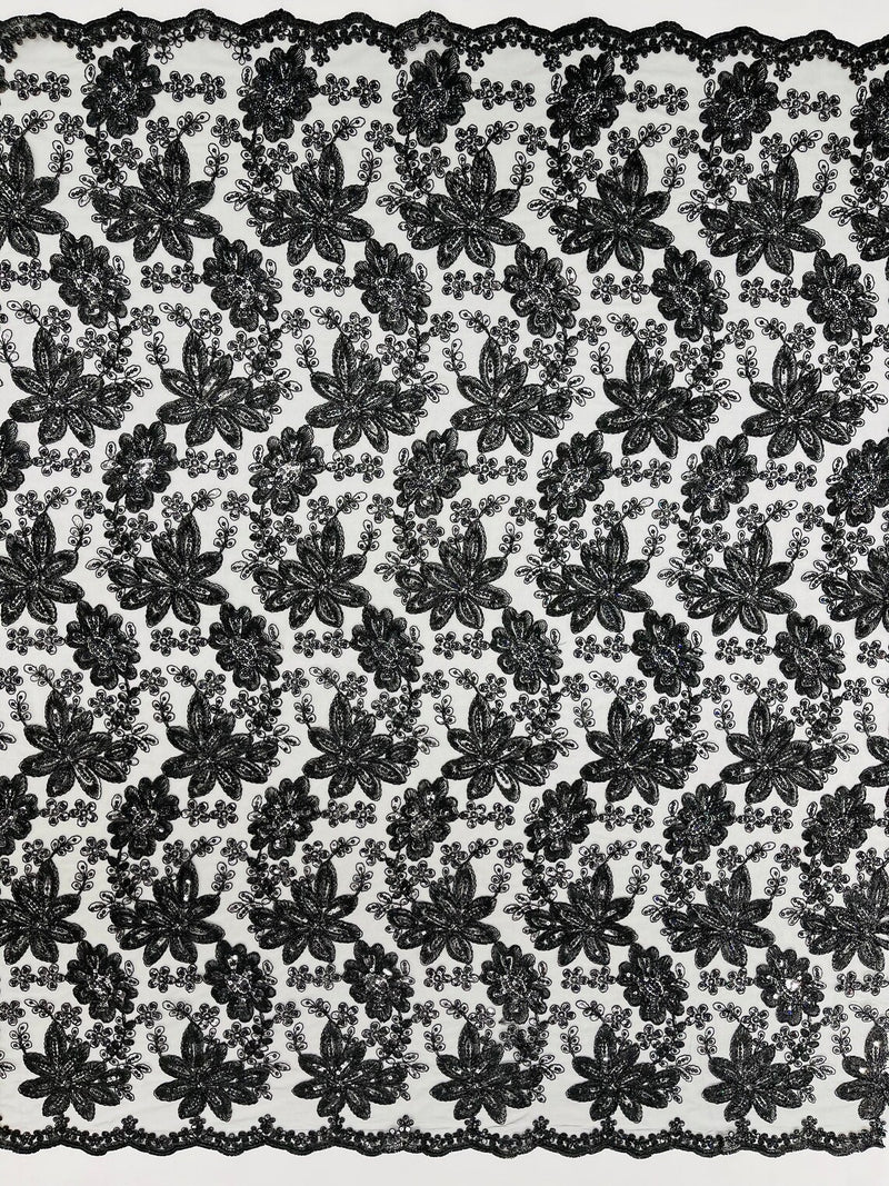 Metallic Floral Lace Fabric - Black - Hologram Sequins Floral Metallic Thread Fabric by Yard