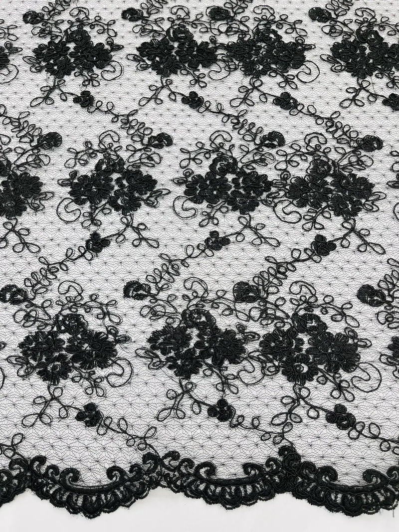 Jasmine Flower Fabric - Black - Embroidered Floral Design Lace Mesh Bridal Fabric By Yard