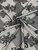 King Damask Lace Fabric - Black - Corded Embroidery with Sequins on Mesh Lace Fabric By Yard