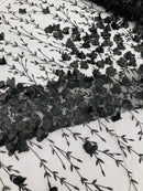 3D Glitter Floral Fabric - Black - Floral Line Glitter Designs on Mesh Fabric Sold By Yard
