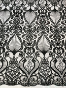 Leaf Damask Bead Fabric - Black - Embroidered Sequins Heavy Beaded Lace Fabric by Yard
