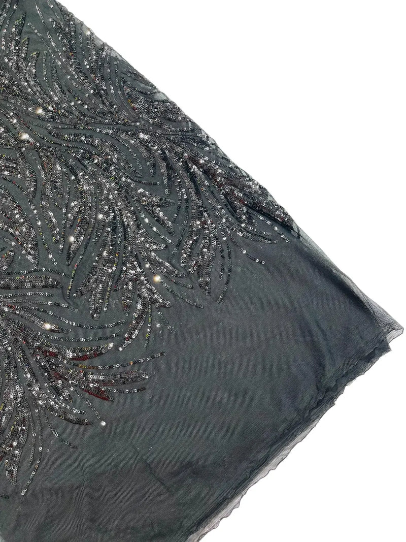 Leaf Stretch Sequins Fabric - Black - 4 Way Stretch Sequins on Lace Mesh Fabric by Yard