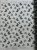 3D Butterfly Sequins Bead Fabric - Black - Sequins Butterfly Embroidered Beaded Fabric By Yard