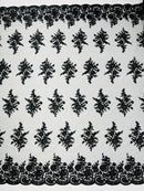 Flower Lace Sequins Fabric - Black - Embroidered Floral Pattern Fabric with Sequins on Lace By Yard