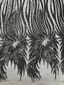 Angel Wings Sequins Fabric - Black - 4 Way Stretch Feather Wings Sequins Design By Yard