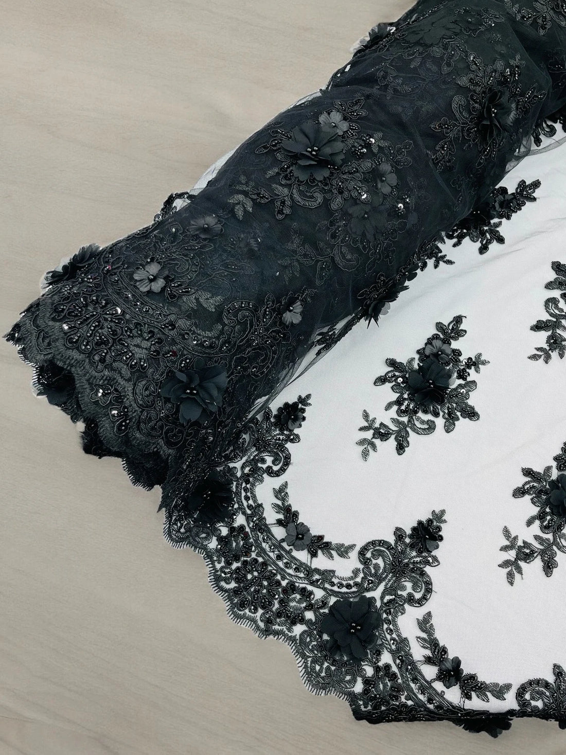 Black lace with pearls, black good lace fabric