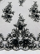 3D Rhinestone Flower Fabric - Black - 3D Flower Beaded Clusters with Sequins and Rhinestones By Yard