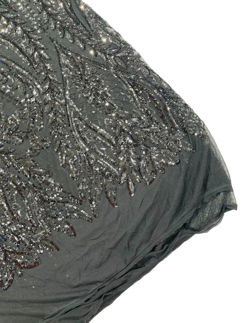 Mermaid Design Fabric - Black  - 4 Way Stretch Sequins Fabric on Lace Mesh Sold By Yard