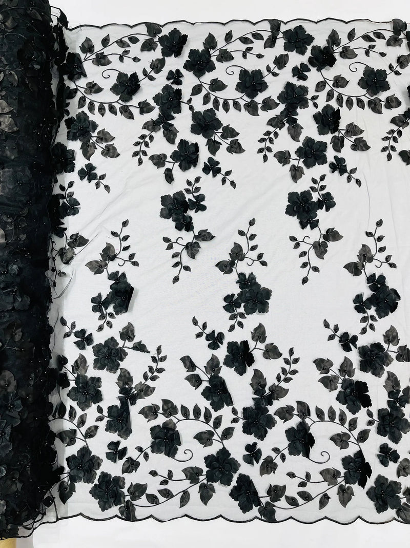 Floral 3D Pearl Fabric - Black - Embroidered Double Border Flower Design Pearl Fabric By Yard