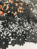 Guipure Lace Fabric - Black - Solid Floral Lace Fabric Sold by The Yard