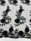 3D Floral Cluster with Border Lace - Black - Flower with Leaves Design 3D Fabrics Sold By Yard