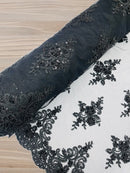 Floral Damask Bead Fabric - Black - Embroidered Floral Clusters with Beads / Sequins by Yard