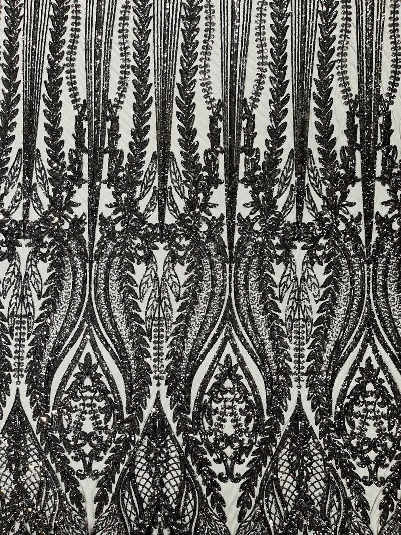 Mermaid Design Fabric - Black  - 4 Way Stretch Sequins Fabric on Lace Mesh Sold By Yard