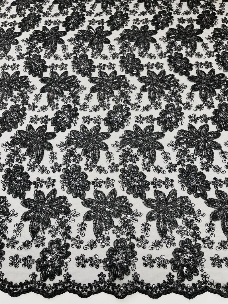 Metallic Floral Lace Fabric - Black - Hologram Sequins Floral Metallic Thread Fabric by Yard