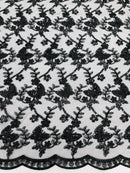 Metallic Floral Butterfly Fabric - Black - Embroidered Floral Butterfly Design Mesh Fabric by Yard