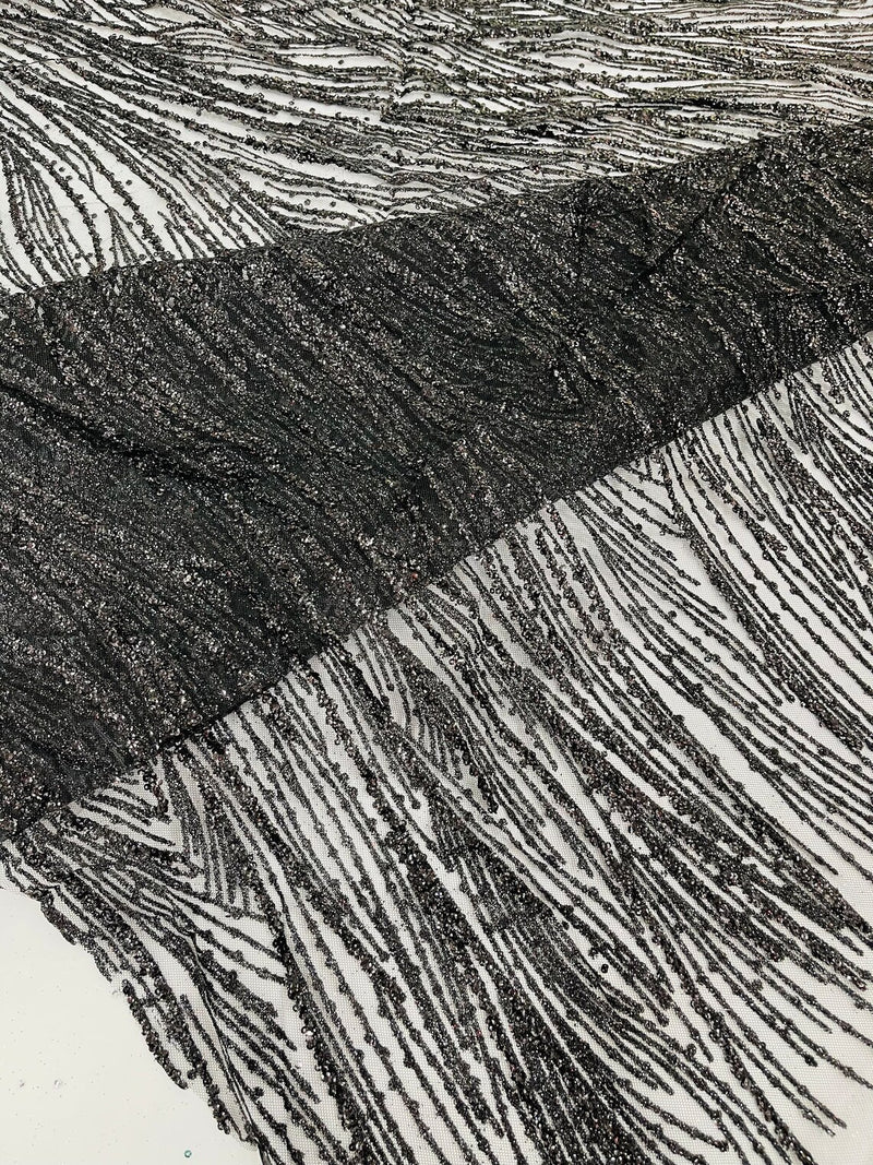 Glitter Lines on Tulle Lace Fabric - Black - Tulle Glitter Mesh Line Design Fabric Sold By Yard