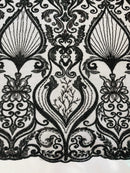 Leaf Damask Bead Fabric - Black - Embroidered Sequins Heavy Beaded Lace Fabric by Yard