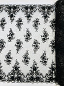 3D Rhinestone Flower Fabric - Black - 3D Flower Beaded Clusters with Sequins and Rhinestones By Yard