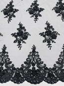 Floral Damask Bead Fabric - Black - Embroidered Floral Clusters with Beads / Sequins by Yard