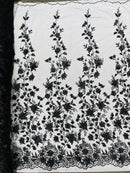 3D Glitter Floral Fabric - Black - Glitter Sequin Flower Design on Lace Mesh Fabric by Yard