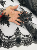 3D Floral Sequins Design - Black - Embroidered Floral Lace Fabric With Sequins / Pearls By Yard