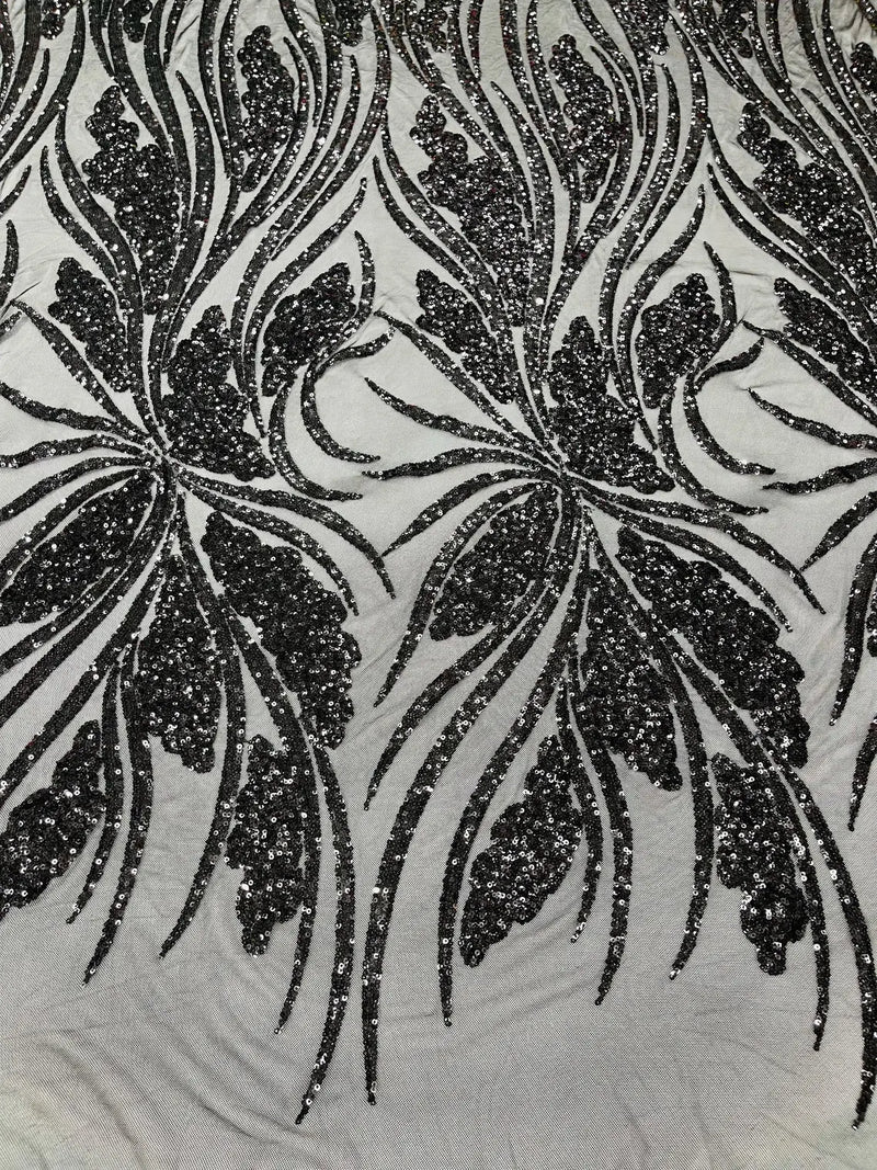 Wavy Leaf Design Fabric - Black - 4 Way Stretch Sequins Lace Mesh Leaf Design Fabric by Yard