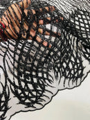 Beaded Embroidered Fabric - Black - Embroidered Heart and Feather Pattern Fabric Sold By Yard