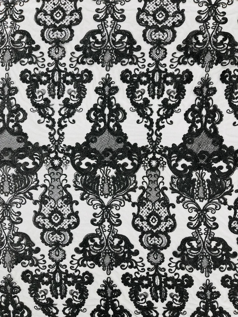 King Lace Design Fabric - Black - King Design with Sequins Embroidered On Mesh By Yard