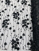 3D Floral Glitter Fabric - Black - 3D Sequins and Glitter Floral Design on Mesh Sold By Yard