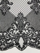 King Damask Lace Fabric - Black - Corded Embroidery with Sequins on Mesh Lace Fabric By Yard