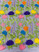 Multi-Color on Black Mesh Mexican Sarape Fabric - Embroidered Colorful Flower Design Fabric By Yard