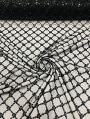 Diamond Net Bead Fabric - Black - Geometric Embroidery Beaded Sequins Fabric Sold By The Yard