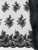 Flower Lace Sequins Fabric - Black - Embroidered Floral Pattern Fabric with Sequins on Lace By Yard
