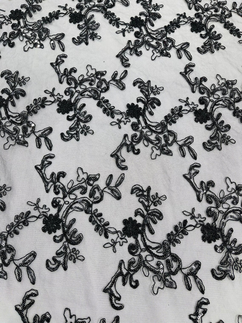 Sequin Lace Floral Fabric - Black - Flower Embroidered Sequins Lace Fabric Sold By Yard