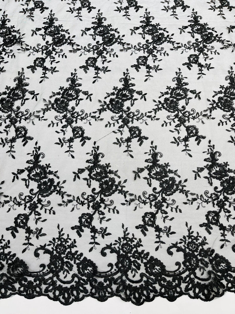 Plant Design Lace Fabric - Black - Small Plant Flower Leaf Design Lace Fabric Sold By Yard