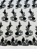 3D Floral Cluster with Border Lace - Black - Flower with Leaves Design 3D Fabrics Sold By Yard