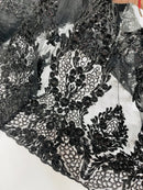 Beaded Floral Fabric - Black - Luxury Bridal Floral Pattern Fabric With Beads, Sequins Sold By Yard