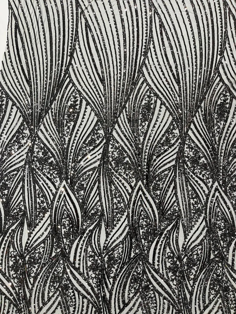 Curvy Design Sequins Fabric - Black - 4 Way Stretch Curvy Sequins Design Mesh Fabric by Yard