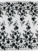 Floral 3D Pearl Fabric - Black - Embroidered Double Border Flower Design Pearl Fabric By Yard