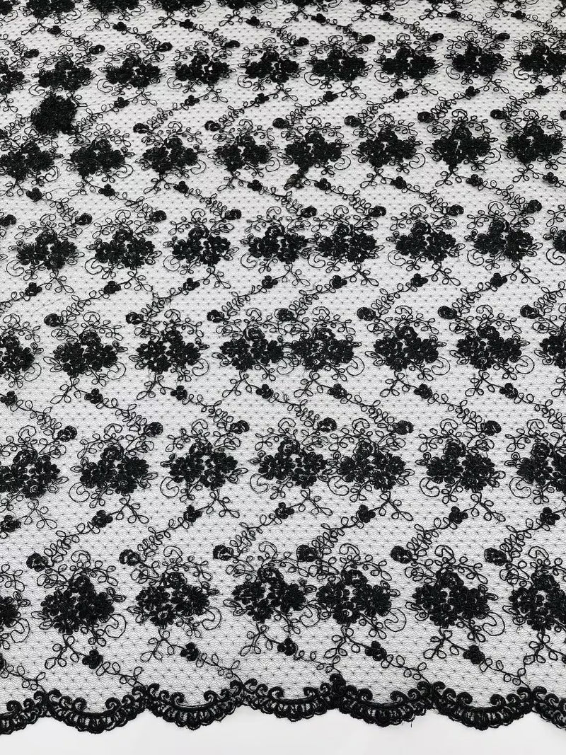 Jasmine Flower Fabric - Black - Embroidered Floral Design Lace Mesh Bridal Fabric By Yard