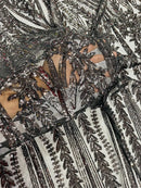 Mermaid Design Fabric - Black  - 4 Way Stretch Sequins Fabric on Lace Mesh Sold By Yard