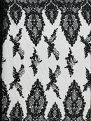 Beaded Floral Fabric - Black - Luxury Bridal Floral Pattern Fabric With Beads, Sequins Sold By Yard