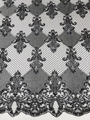 King Damask Lace Fabric - Black - Corded Embroidery with Sequins on Mesh Lace Fabric By Yard