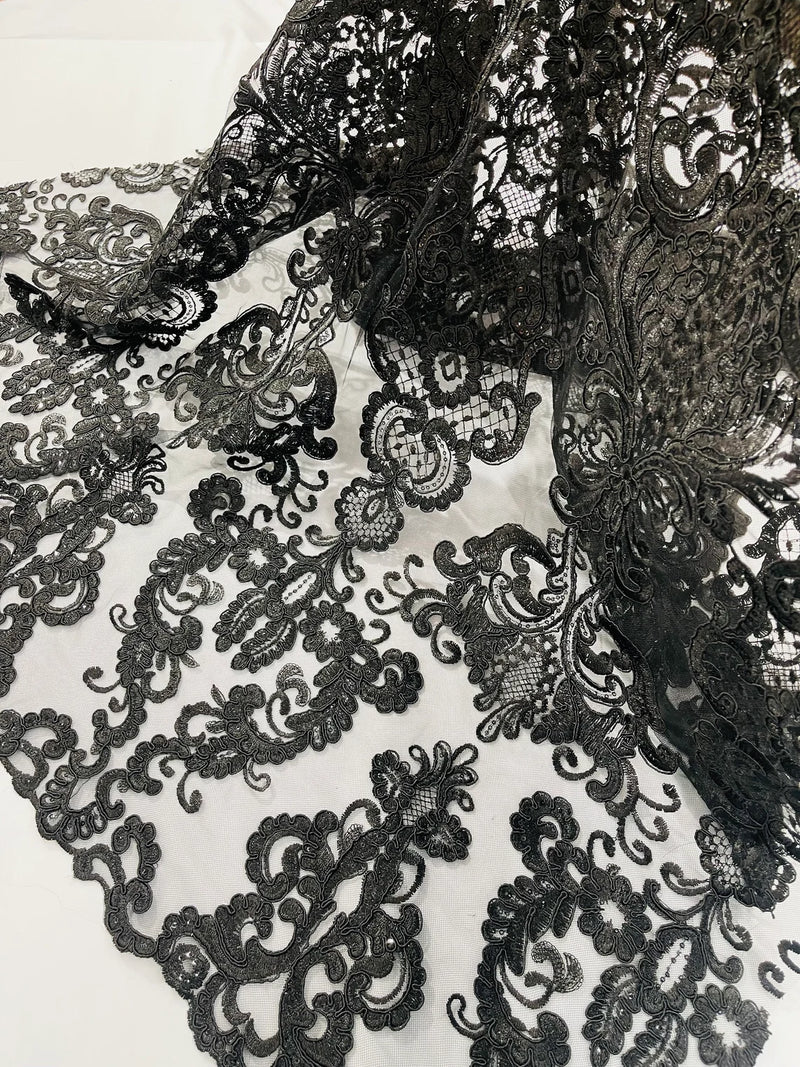 King Lace Design Fabric - Black - King Design with Sequins Embroidered On Mesh By Yard