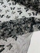 3D Butterfly Sequins Bead Fabric - Black - Sequins Butterfly Embroidered Beaded Fabric By Yard