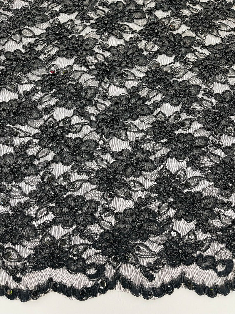 Pearls and Sequins Floral Fabric - Black - Embroidered Beaded Sequins Fabric Lace By Yard