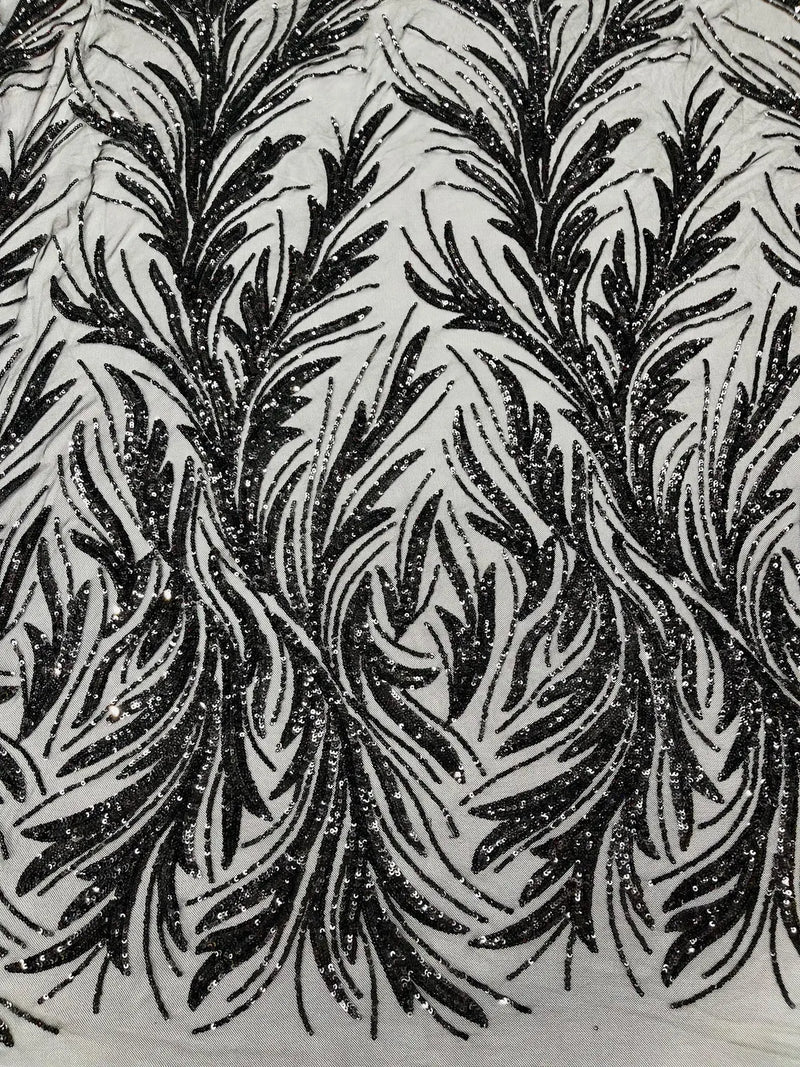 Leaf Stretch Sequins Fabric - Black - 4 Way Stretch Sequins on Lace Mesh Fabric by Yard