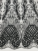Beaded Embroidered Fabric - Black - Embroidered Heart and Feather Pattern Fabric Sold By Yard