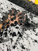 3D Glitter Floral Fabric - Black - Floral Line Glitter Designs on Mesh Fabric Sold By Yard