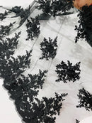 Flower 3D Corded Fabric - Black - Lace Mesh Fabric Embroidered Floral Design by Yard